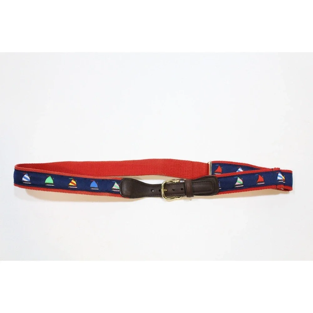 Vtg Alynn Mens Canvas Leather Belt Sail Boats Adjustable Navy‎ Blue Size 29-42W